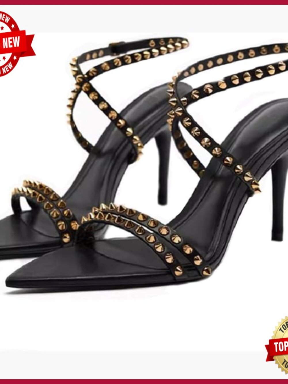 Open Toe Stiletto Heels with Adjustable Ankle Strap and Stud Details